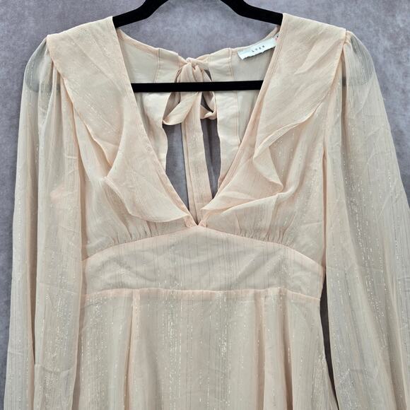 Lush Cream Long Sleeve Flare Ruffle Cutout Tie Cottage Fairy Dress Small - Picture 3 of 8
